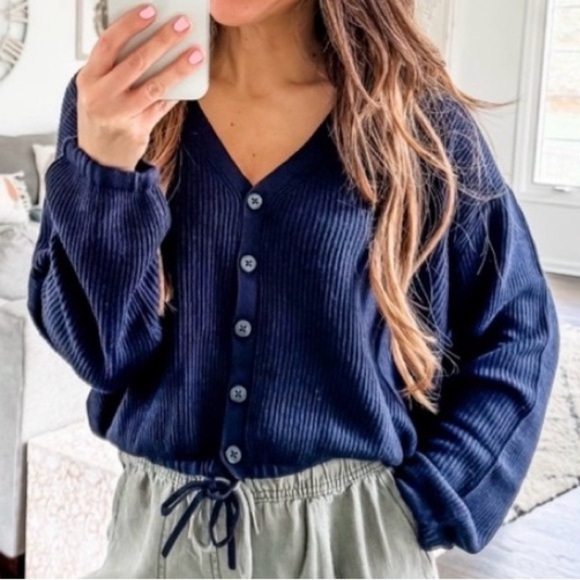 Splendid Sweaters - Splendid Collection Bri Cardigan Navy Blue Waffle Knit Drawstring Hem Sz S NWOT